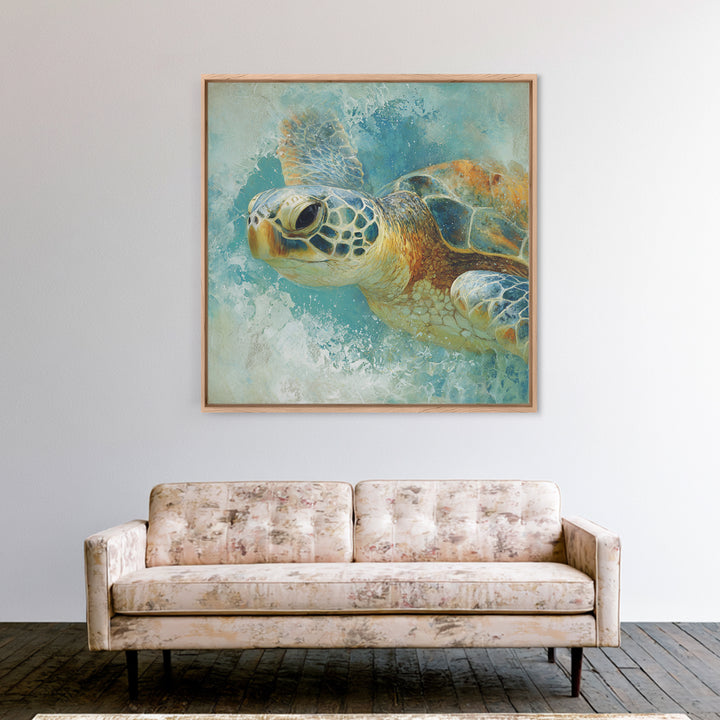 Sea Turtle Near Tropical Reef Framed Canvas Print, Tropical Art, Beach Decor, Living Room Decor, Oil Painting, Tropic, TRO-1x1-43