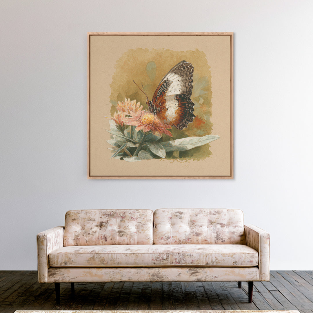 Tropical Butterfly and Flower Study Framed Canvas Print, Tropical Art, Set of 3 Prints, Living Room Decor, Fine Art, Tropic, TRO-1x1-47