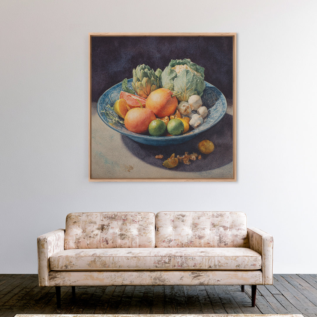 Bright Papaya and Lime Still Life Framed Canvas Print, Tropical Art, Decor, Living Room Decor, Fine Art, Tropic, Bird Art, TRO-1x1-48