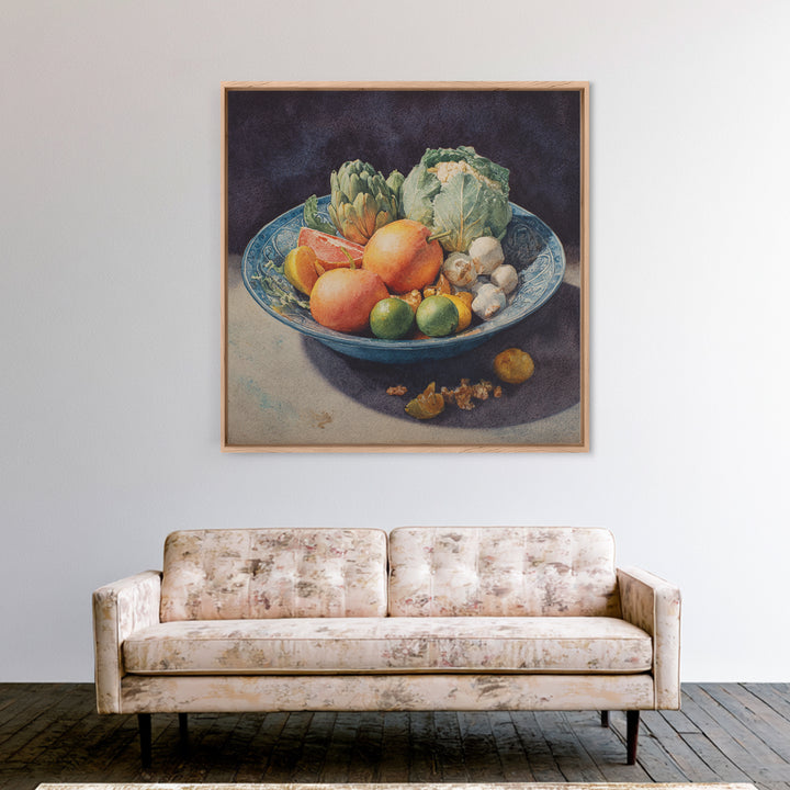 Bright Papaya and Lime Still Life Framed Canvas Print, Tropical Art, Decor, Living Room Decor, Fine Art, Tropic, Bird Art, TRO-1x1-48