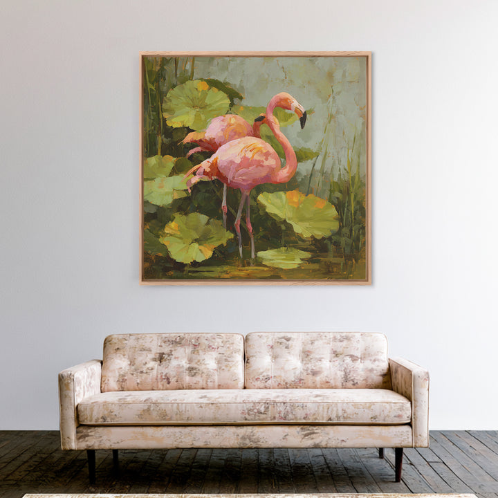 Pink Flamingos Among Tropical Water Plants Canvas Print, Tropical Art, Whimsical Art, Living Room Decor, Fine Art, Tropic, TRO-1x1-50