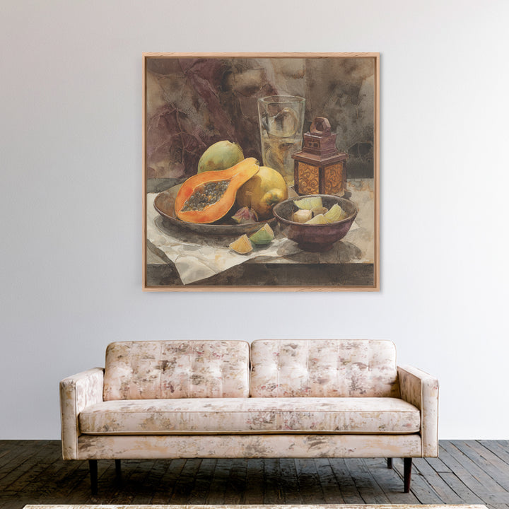 Pineapple and Palm Still Life Canvas Print, Tropical Art, Botanical Art, Living Room Decor, Oil Painting, Tropic, TRO-1x1-54