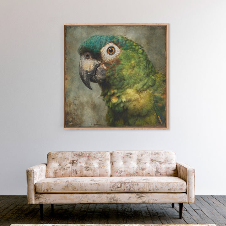 Parrot Portrait with Emerald Feathers Framed Canvas Print, Tropical Art, Digital Print, Living Room Decor, Fine Art, Tropic, TRO-1x1-56