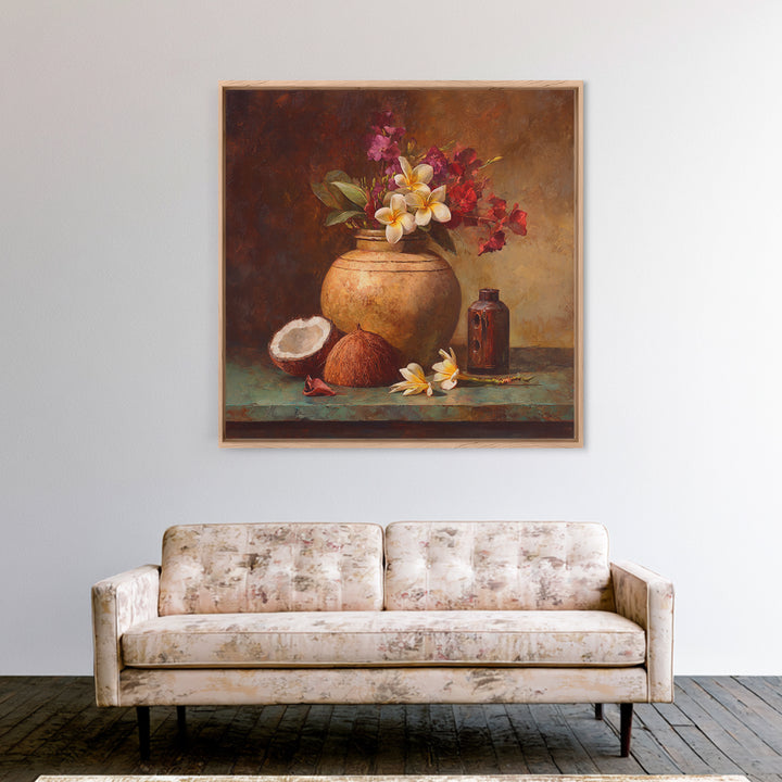 Coconut and Plumeria Still Life Canvas Print, Tropical Art, Coastal Decor, Living Room Decor, Fine Art, Tropic, Modern Decor, TRO-1x1-60