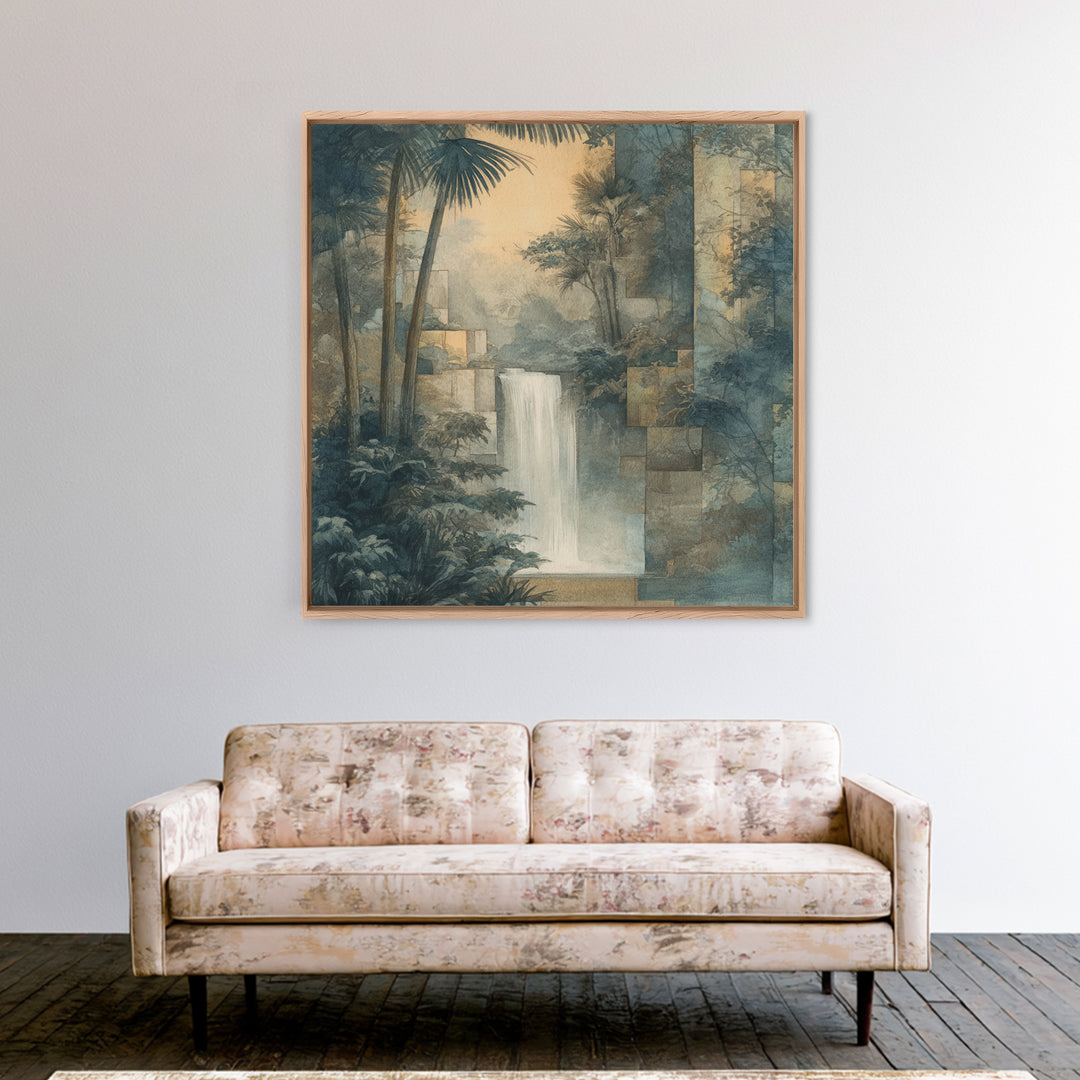 Jungle Waterfall with Misty Light Framed Canvas Print, Tropical Art, Boho Decor, Living Room Decor, Oil Painting, Tropic, TRO-1x1-61