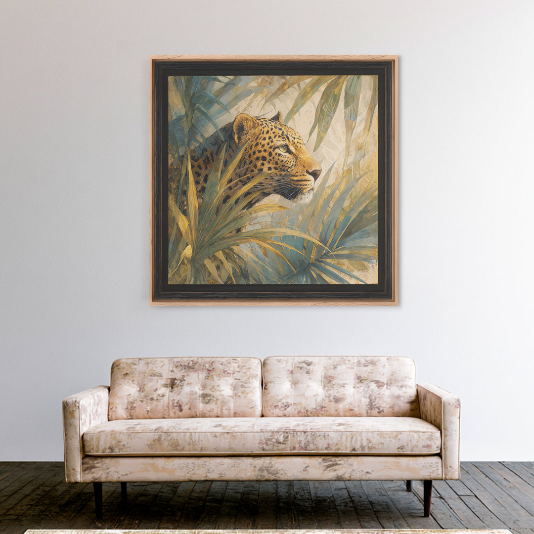 Leopard Hidden Among Palm Leaves Framed Canvas Print, Tropical Art, Gallery Decor, Living Room Decor, Fine Art, Tropic, TRO-1x1-62