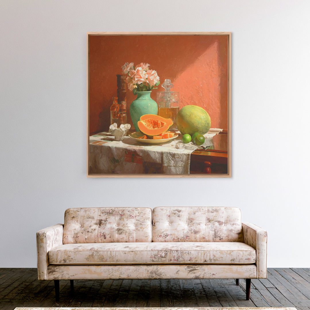 Bright Papaya and Lime Still Life Framed Canvas Print, Tropical Art, Beach Print, Living Room Decor, Abstract Art, Tropic, TRO-1x1-72
