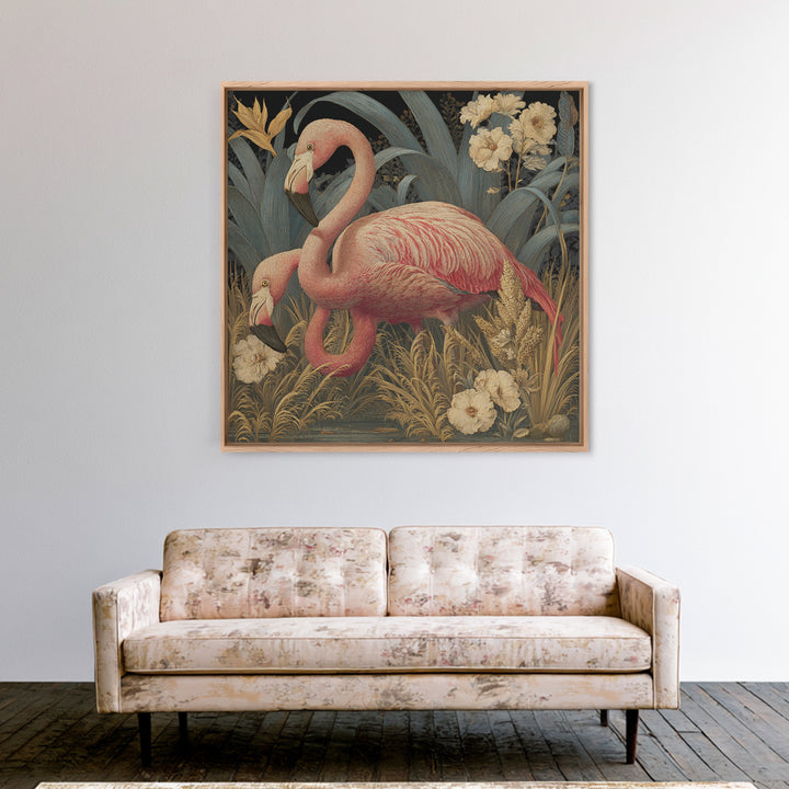 Pink Flamingos Among Tropical Water Plants Framed Canvas Print, Tropical Art, Fine Art Print, Living Room Decor, Tropic, TRO-1x1-74