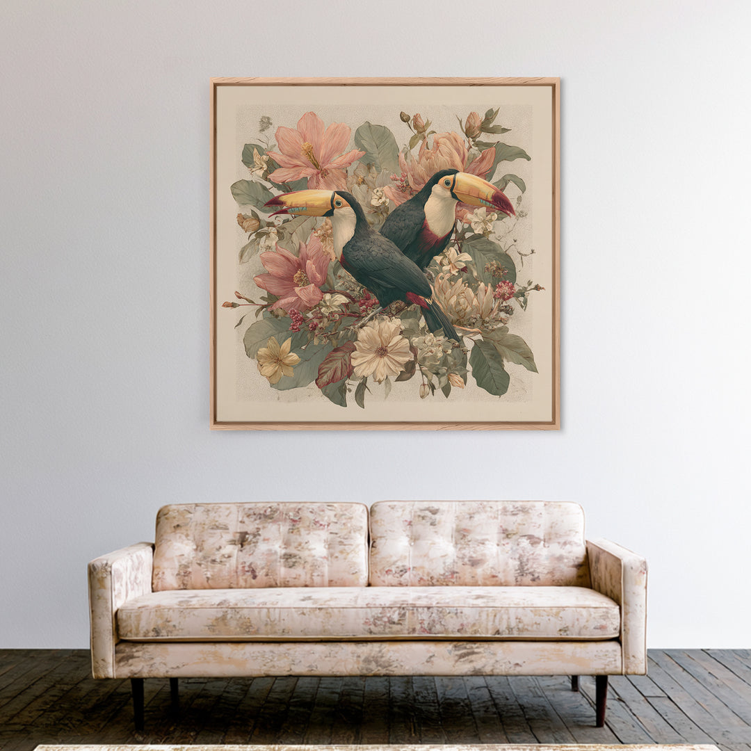 Toucans Surrounded by Bright Jungle Flowers Canvas Print, Tropical Art, Statement Artwork, Living Room Decor, Fine Art, Tropic, TRO-1x1-75
