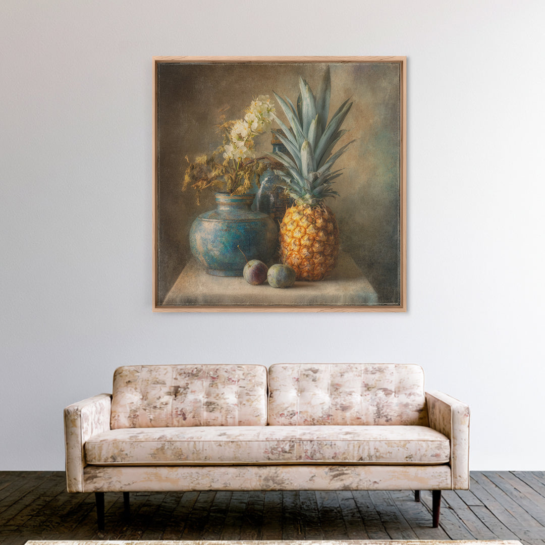 Pineapple and Palm Still Life Framed Canvas Print, Tropical Art, Statement Artwork, Living Room Decor, Fine Art, Tropic, TRO-1x1-78