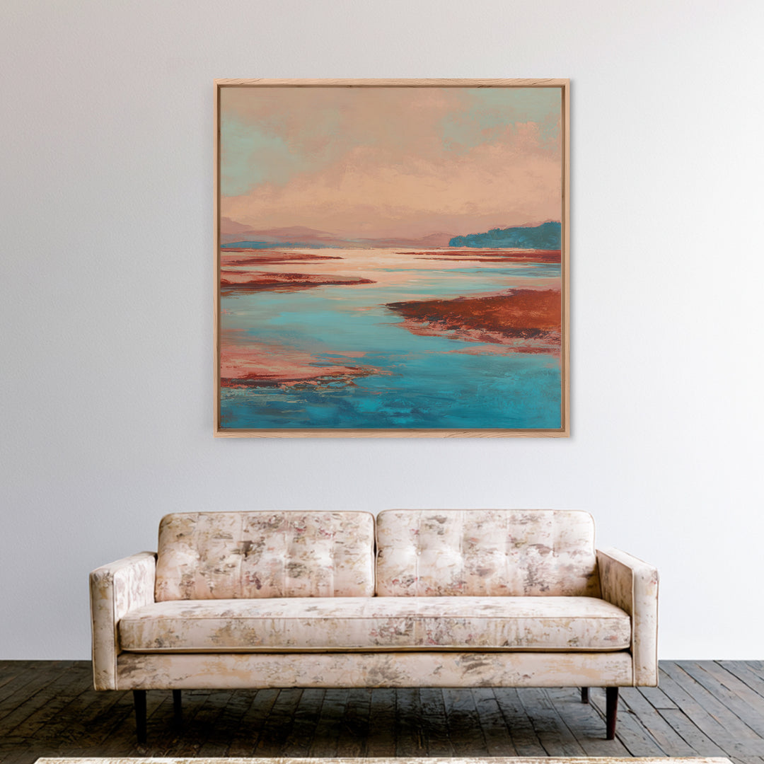 Tropical Lagoon with Turquoise Water Framed Canvas Print, Tropical Art, Boho Decor, Living Room Decor, Oil Painting, Tropic, TRO-1x1-79