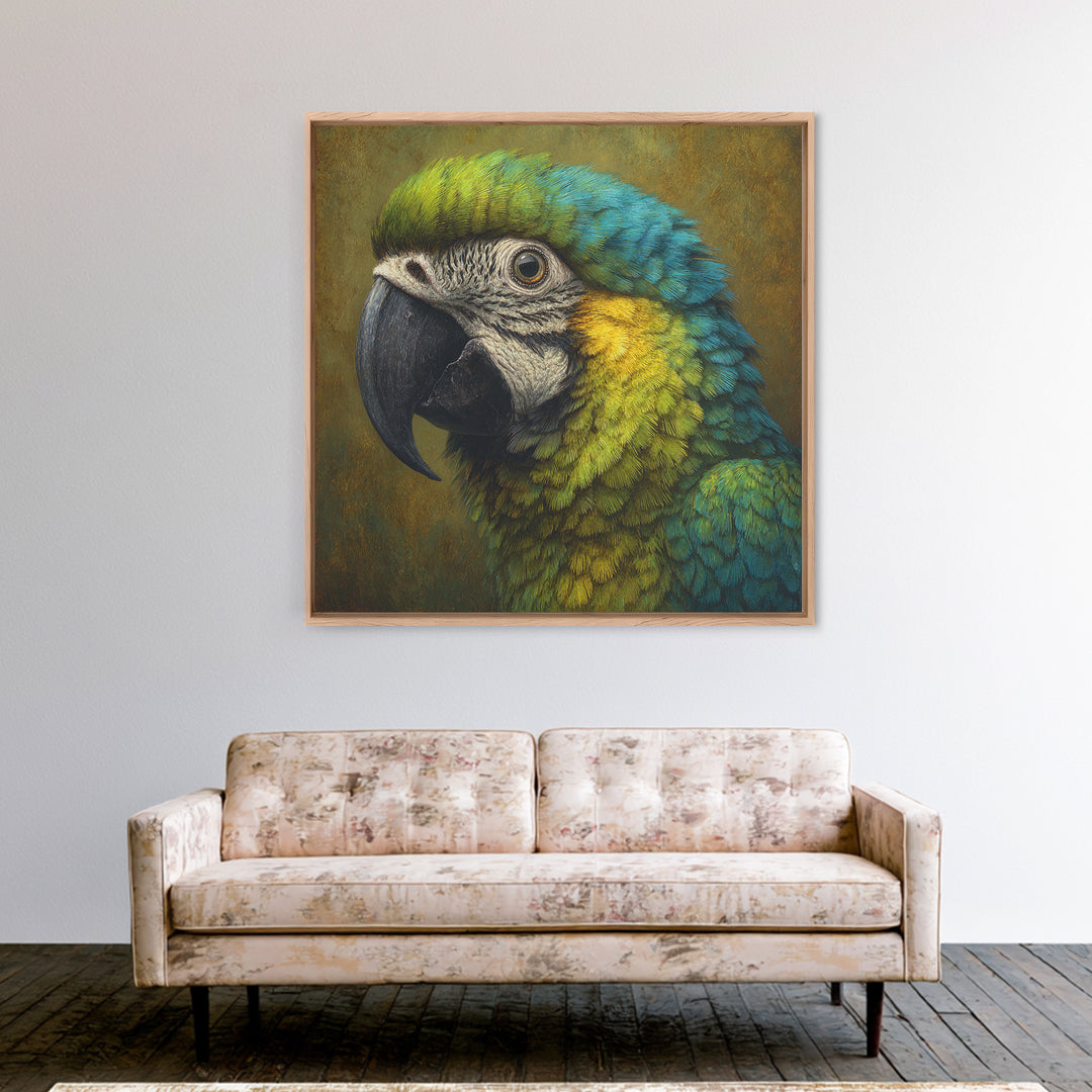 Parrot Portrait with Emerald Feathers Framed Canvas Print, Tropical Art, Printable, Living Room Decor, Fine Art, Tropic, TRO-1x1-8