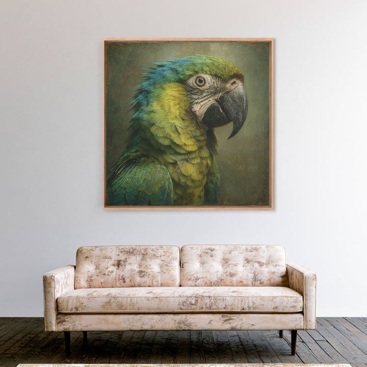 Parrot Portrait with Emerald Feathers Framed Canvas Print, Tropical Art, Fine Art Print, Living Room Decor, Oil Painting, TRO-1x1-80
