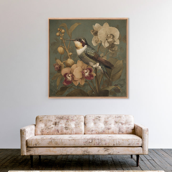 Orchid and Hummingbird Composition Canvas Print, Tropical Art, Boho Decor, Living Room Decor, Oil Painting, Tropic, Art Print, TRO-1x1-82