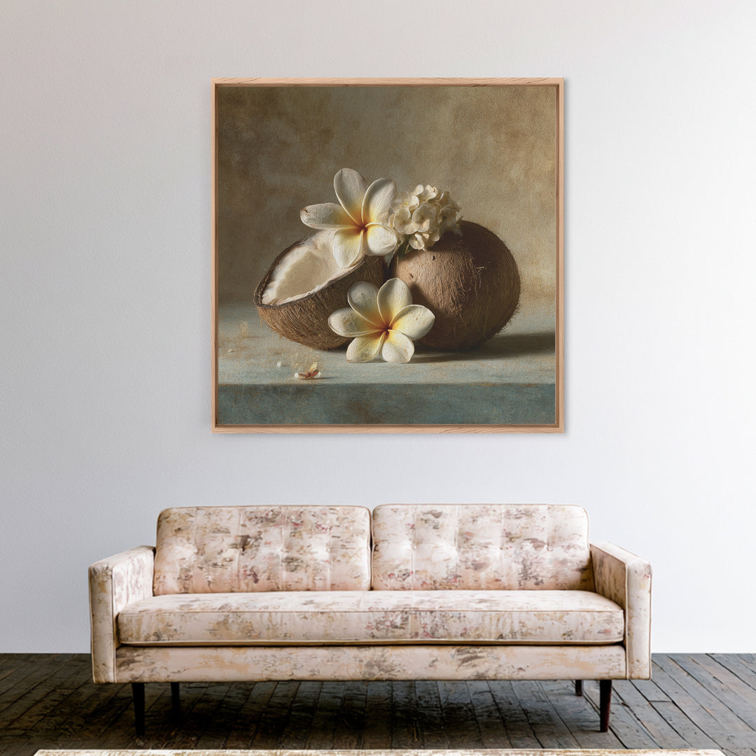Coconut and Plumeria Still Life Framed Canvas Print, Tropical Art, Beach Print, Living Room Decor, Abstract Art, Tropic, TRO-1x1-84
