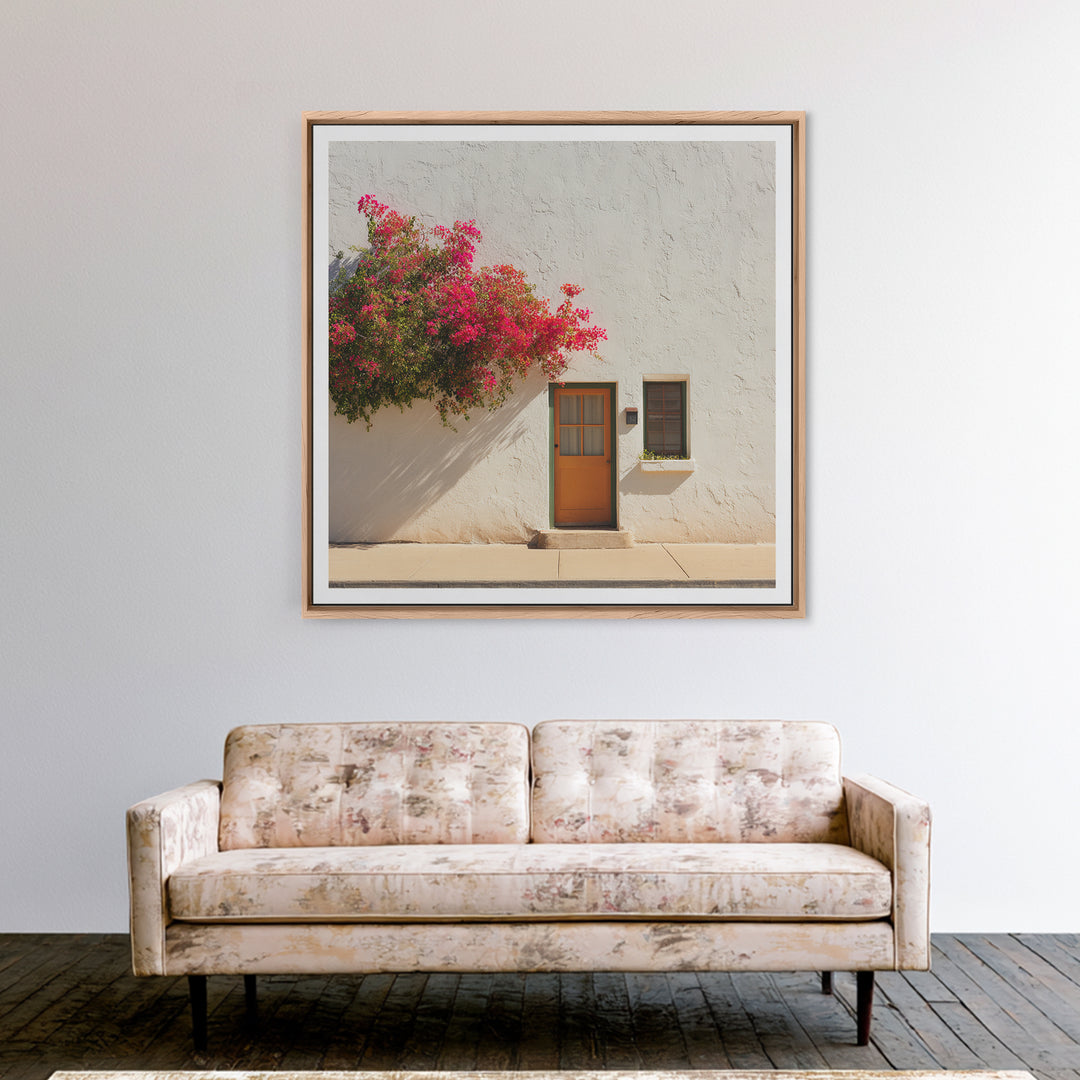 Pink Bougainvillea over White Wall Framed Canvas Print, Tropical Art, Minimalist Decor, Living Room Decor, Fine Art, Tropic, TRO-1x1-88