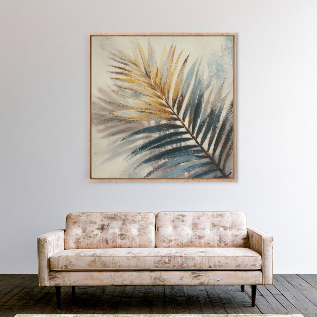 Rain Soaked Palm Leaf Closeup Framed Canvas Print, Tropical Art, Wall Art, Living Room Decor, Watercolor Art, Tropic, TRO-1x1-93