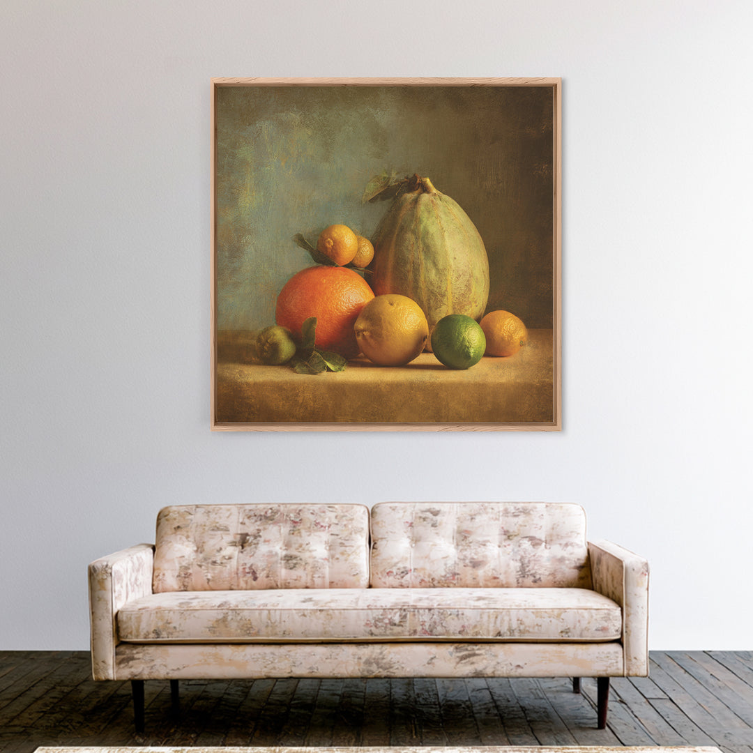 Bright Papaya and Lime Still Life Framed Canvas Print, Tropical Art, Art Print, Living Room Decor, Tropic, Abstract Painting, TRO-1x1-96