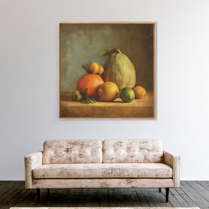 Bright Papaya and Lime Still Life Framed Canvas Print, Tropical Art, Art Print, Living Room Decor, Tropic, Abstract Painting, TRO-1x1-96
