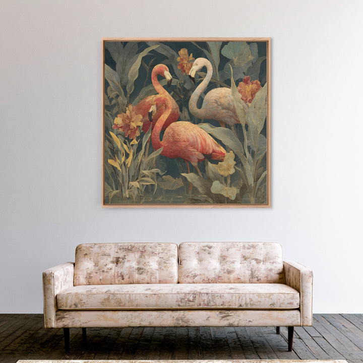 Pink Flamingos Among Tropical Water Plants Canvas Print, Tropical Art, Textured Painting, Living Room Decor, Fine Art, Tropic, TRO-1x1-98