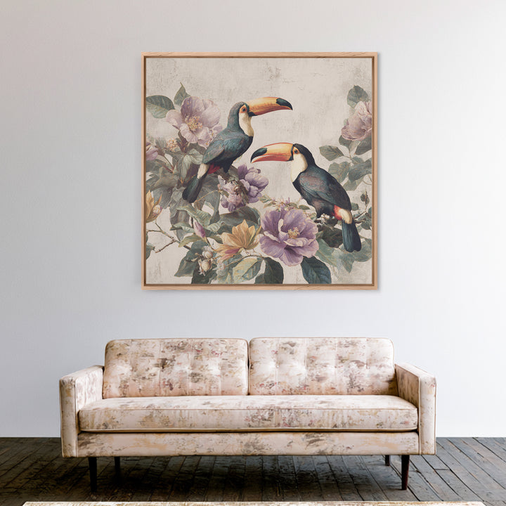 Toucans Surrounded by Bright Jungle Flowers Canvas Print, Tropical Art, Decor, Living Room Decor, Oil Painting, Tropic, TRO-1x1-99
