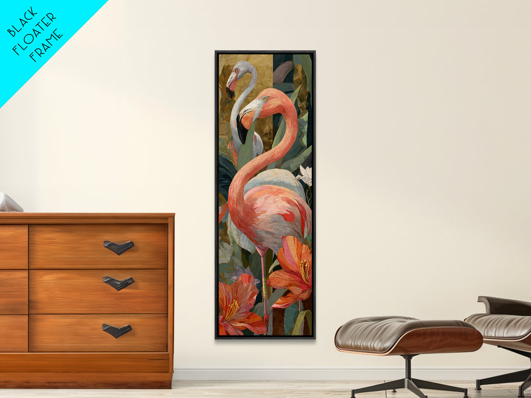 Pink Flamingos Among Tropical Water Plants Canvas Print, Tropical Art, Gallery Decor, Living Room Decor, Fine Art, Tropic, TRO-1x3-14