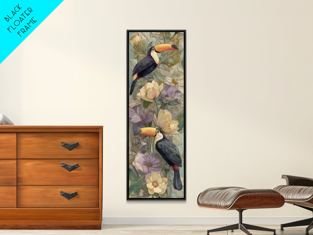 Toucans Surrounded by Bright Jungle Flowers Framed Canvas Print, Tropical Art, Printable Art, Living Room Decor, Tropic, TRO-1x3-15