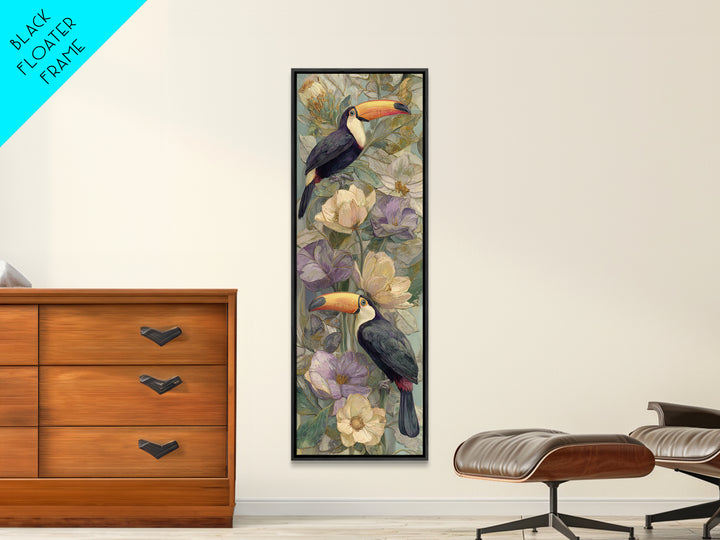 Toucans Surrounded by Bright Jungle Flowers Framed Canvas Print, Tropical Art, Printable Art, Living Room Decor, Tropic, TRO-1x3-15