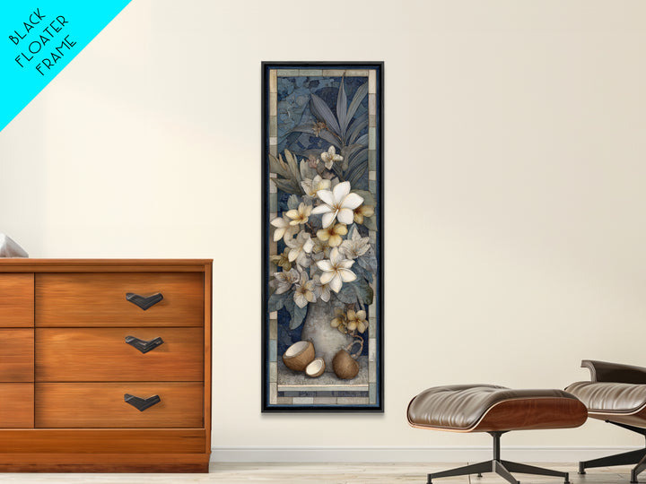 Coconut and Plumeria Still Life Framed Canvas Print, Tropical Art, Decor, Living Room Decor, Fine Art, Tropic, Bird Art, TRO-1x3-24