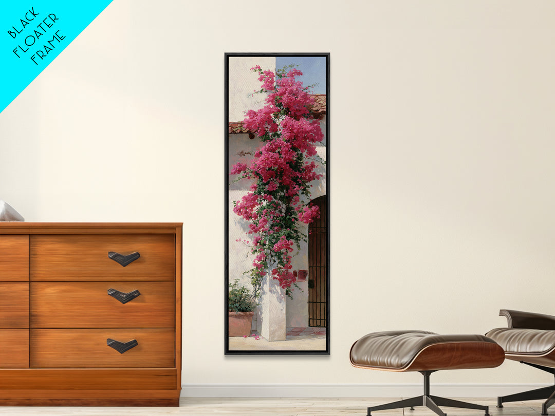 Pink Bougainvillea over White Wall Framed Canvas Print, Tropical Art, Minimalist Decor, Living Room Decor, Fine Art, Tropic, TRO-1x3-4