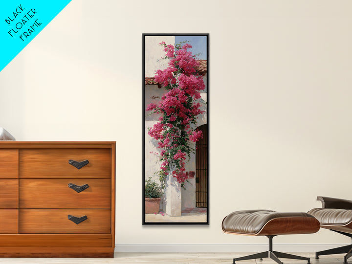Pink Bougainvillea over White Wall Framed Canvas Print, Tropical Art, Minimalist Decor, Living Room Decor, Fine Art, Tropic, TRO-1x3-4