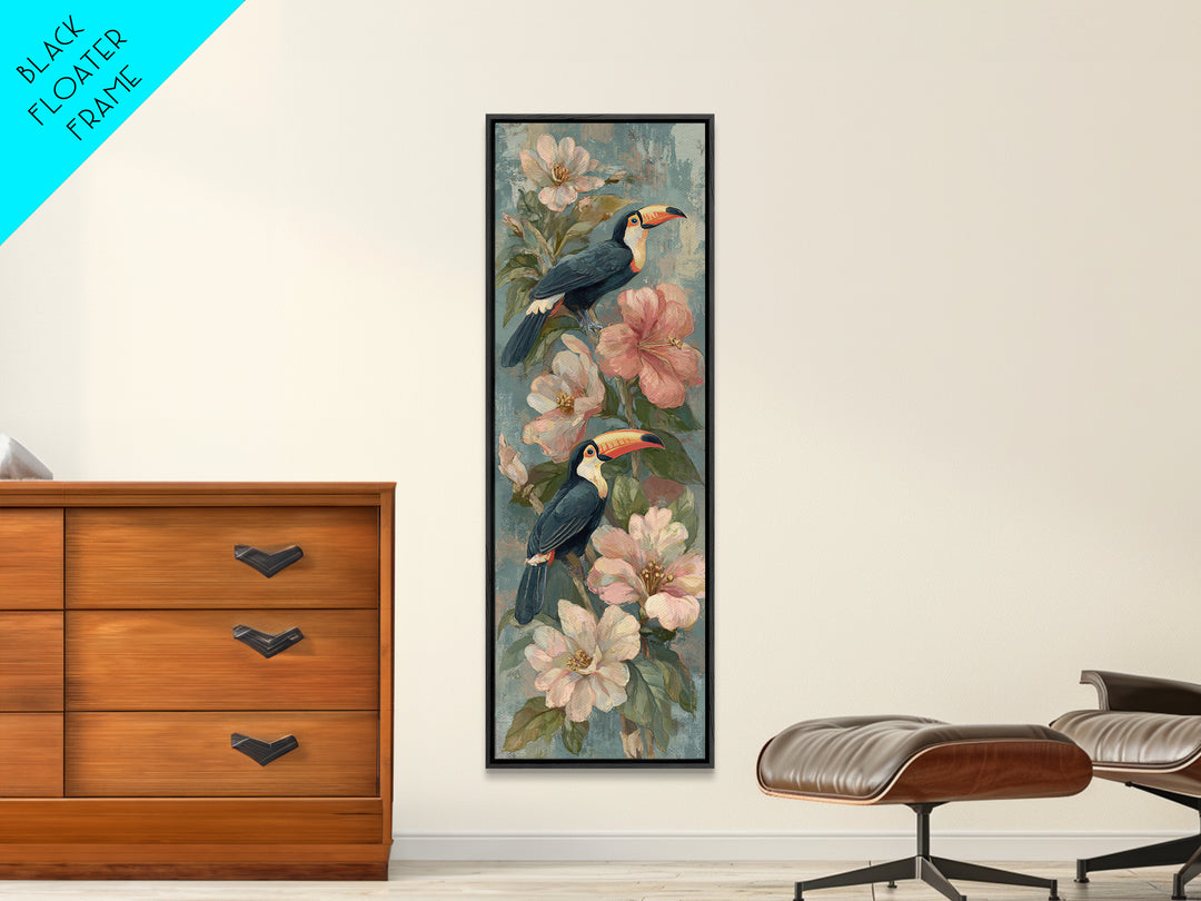 Toucans Surrounded by Bright Jungle Flowers Canvas Print, Tropical Art, Botanical Art, Living Room Decor, Watercolor Art, TRO-1x3-63