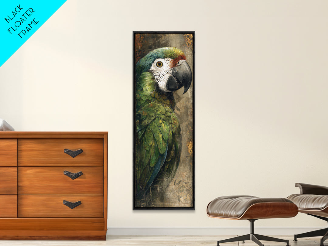 Parrot Portrait with Emerald Feathers Framed Canvas Print, Tropical Art, Coastal Art, Living Room Decor, Fine Art, Tropic, TRO-1x3-92