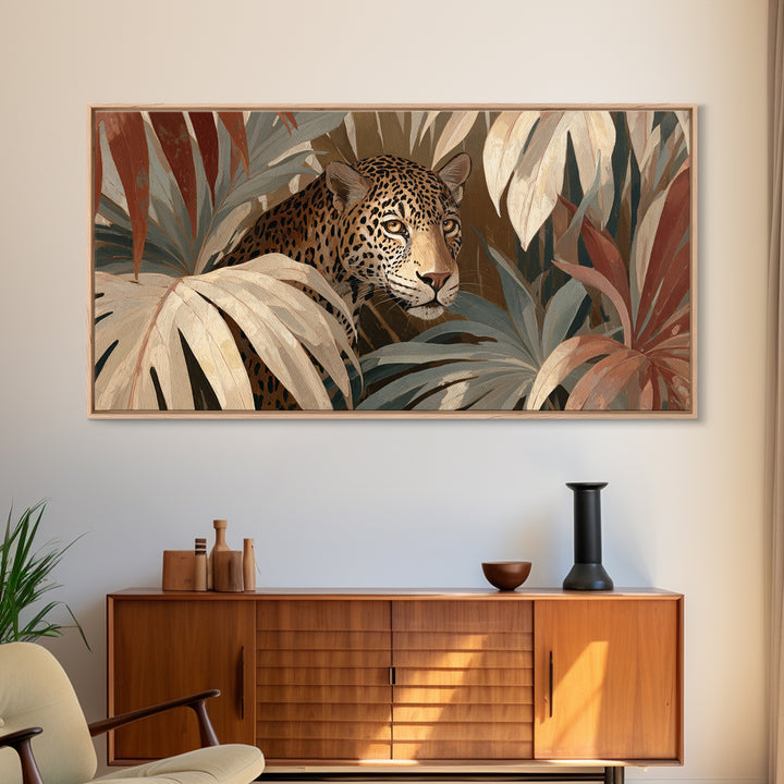 Leopard Hidden Among Palm Leaves Framed Canvas Print, Tropical Art, Contemporary Art, Living Room Decor, Fine Art, Tropic, TRO-2x1-10