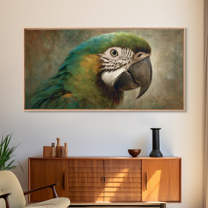 Parrot Portrait with Emerald Feathers Framed Canvas Print, Tropical Art, Beach Wall Art, Living Room Decor, Fine Art, Tropic, TRO-2x1-100