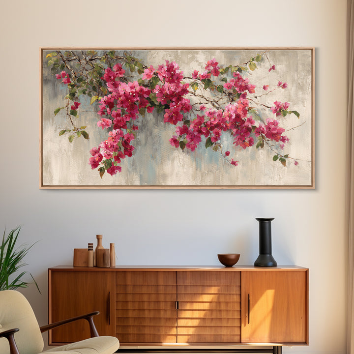 Pink Bougainvillea over White Wall Framed Canvas Print, Tropical Art, Room Decor, Living Room Decor, Fine Art, Tropic, TRO-2x1-12