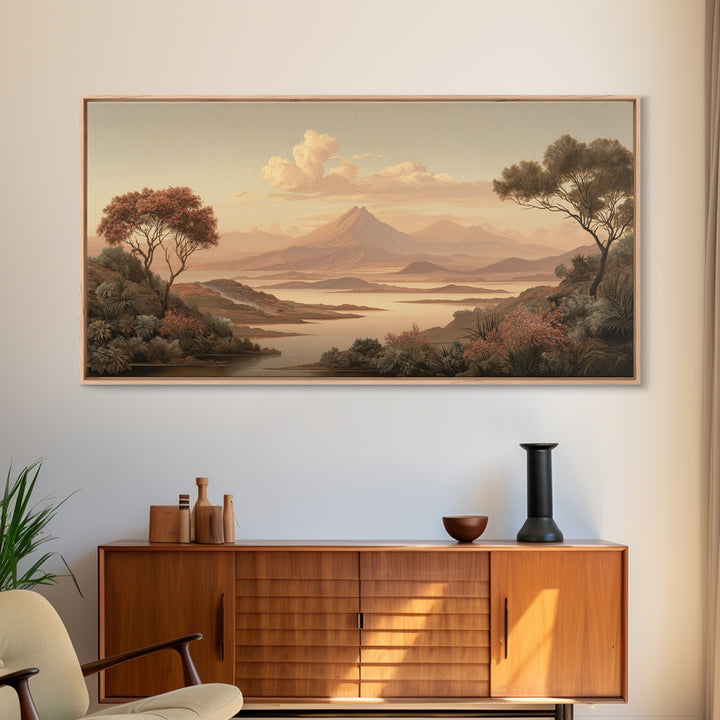Island Volcano with Lush Foreground Framed Canvas Print, Tropical Art, Print, Living Room Decor, Tropic, Coastal Wall Art, TRO-2x1-13