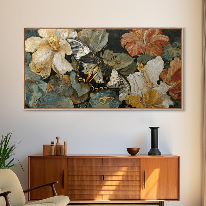 Tropical Butterfly and Flower Study Framed Canvas Print, Tropical Art, Whimsical Art, Living Room Decor, Watercolor Art, Tropic, TRO-2x1-19