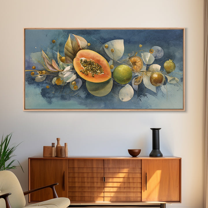 Bright Papaya and Lime Still Life Framed Canvas Print, Tropical Art, Statement Artwork, Living Room Decor, Fine Art, Tropic, TRO-2x1-20