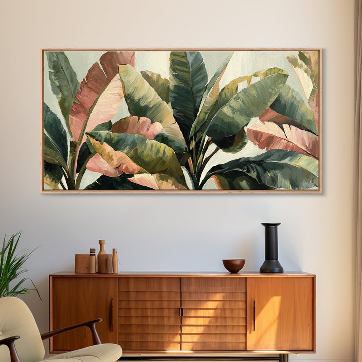 Banana Leaves Layered Framed Canvas Print, Tropical Art, Printable Wall Art, Living Room Decor, Watercolor Art, Tropic, TRO-2x1-29
