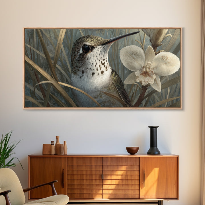 Orchid and Hummingbird Composition Framed Canvas Print, Tropical Art, Minimalist Decor, Living Room Decor, Fine Art, Tropic, TRO-2x1-30