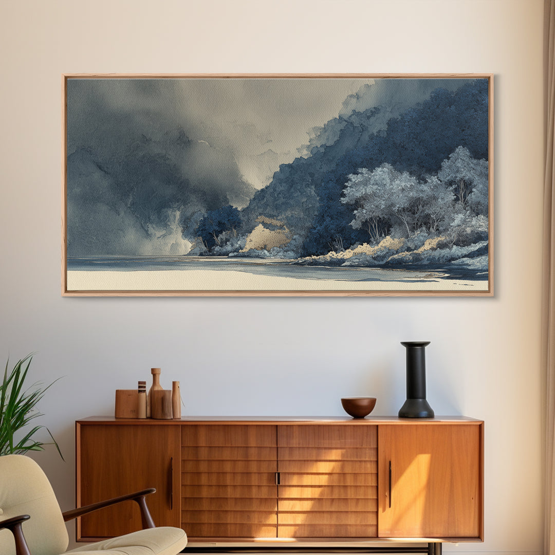 Jungle Waterfall with Misty Light Framed Canvas Print, Tropical Art, Digital Prints, Living Room Decor, Fine Art, Tropic, TRO-2x1-33