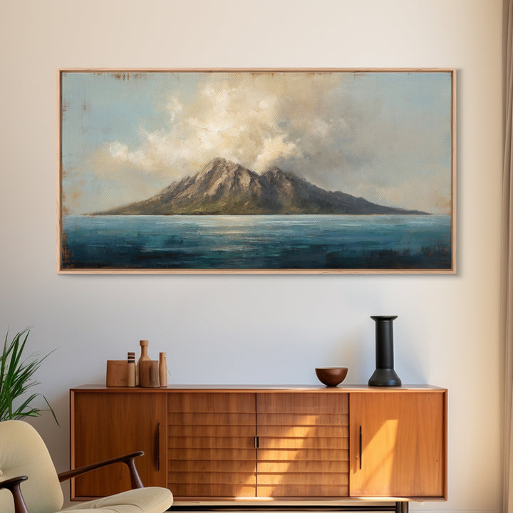 Island Volcano with Lush Foreground Framed Canvas Print, Tropical Art, Print, Living Room Decor, Tropic, Coastal Wall Art, TRO-2x1-37