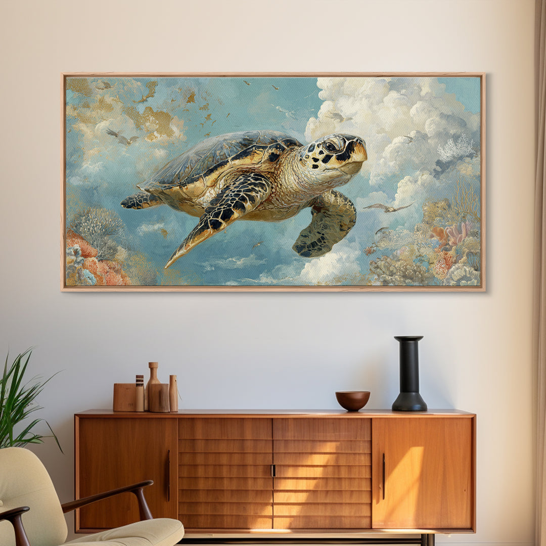Sea Turtle Near Tropical Reef Canvas Print, Tropical Art, Digital Art, Living Room Decor, Oil Painting, Tropic, Watercolor Art, TRO-2x1-39