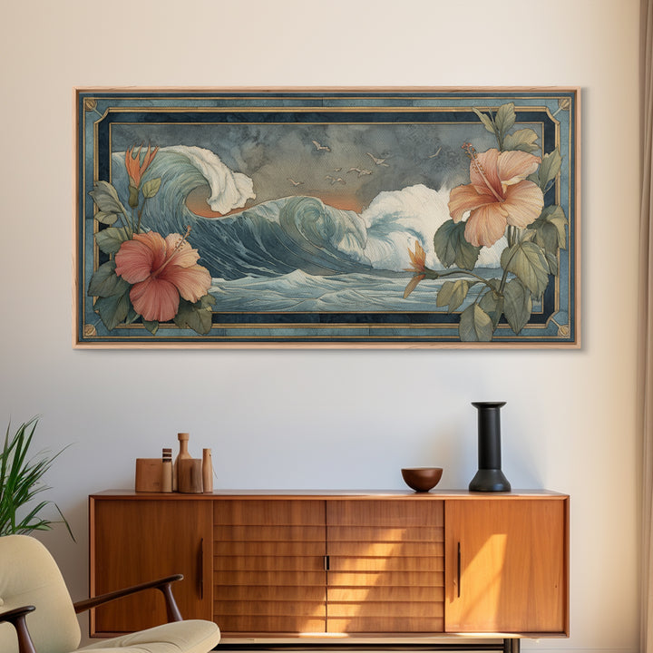 Sunset Surf Scene Framed Canvas Print, Tropical Art, Room Decor, Living Room Decor, Fine Art, Tropic, Printable, TRO-2x1-42