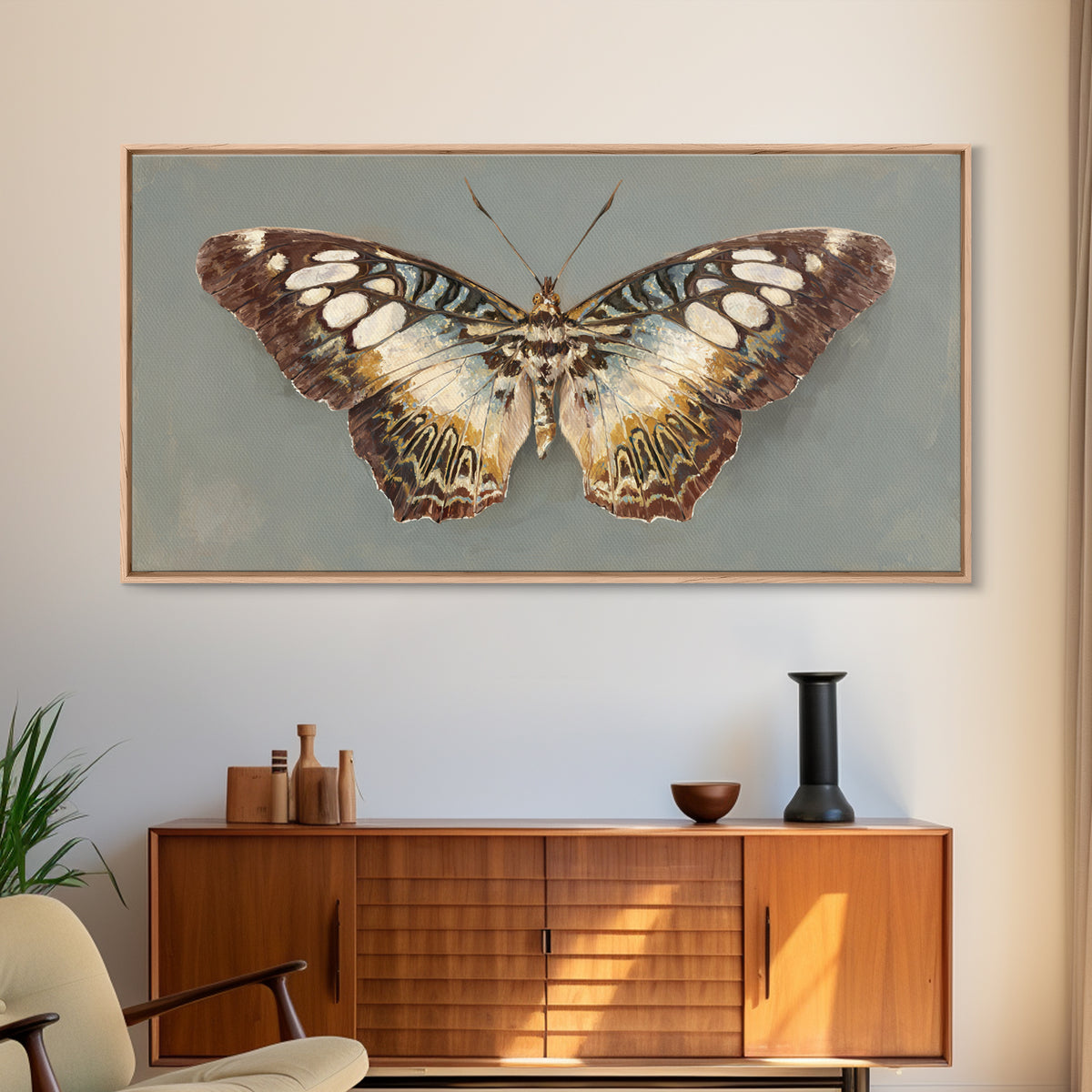 Tropical Butterfly and Flower Study Framed Canvas Print, Tropical Art, Printable, Living Room Decor, Oil Painting, Tropic, TRO-2x1-43