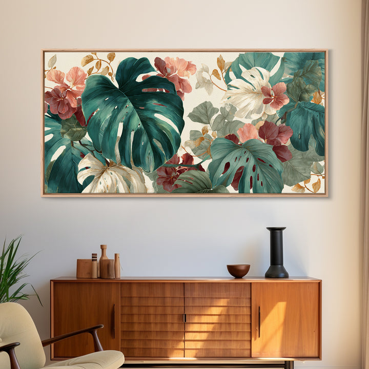 Lush Monstera Leaves Framed Canvas Print, Tropical Art, Pink Wall Art, Living Room Decor, Fine Art, Tropic, Coastal Art, TRO-2x1-45