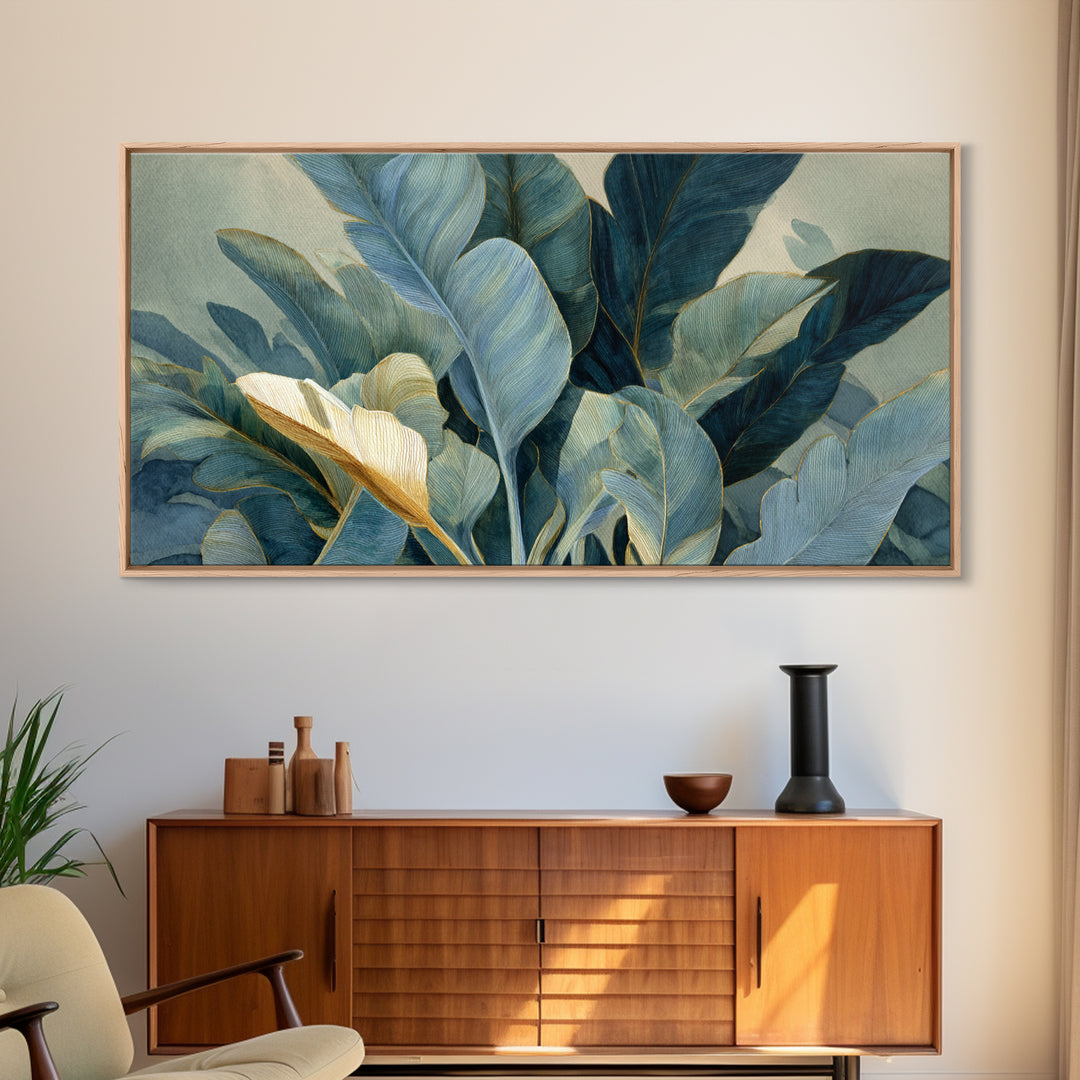 Banana Leaves Layered Framed Canvas Print, Tropical Art, Printable Wall Art, Living Room Decor, Watercolor Art, Tropic, TRO-2x1-5