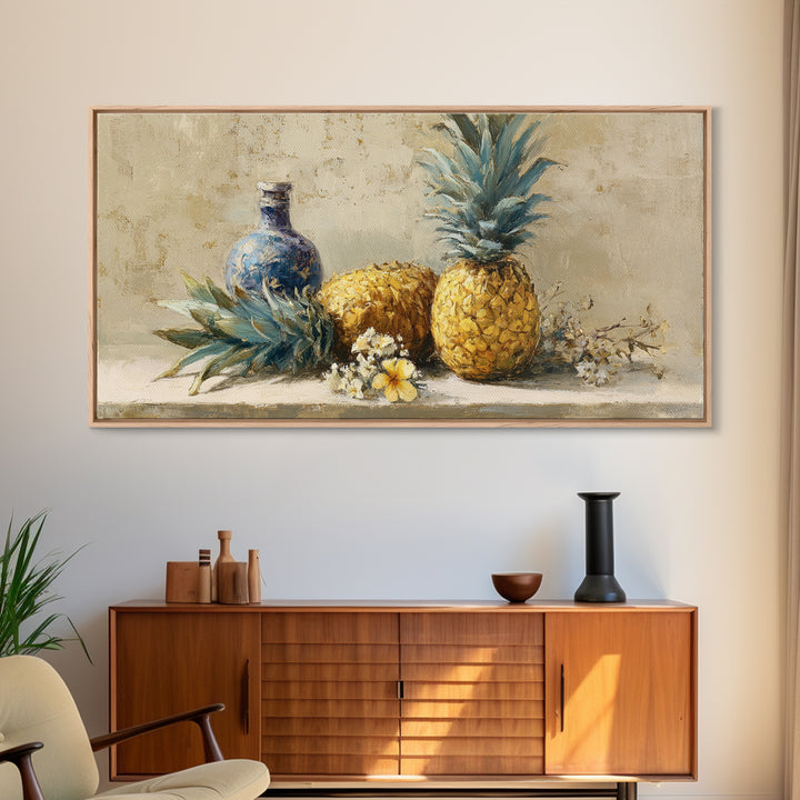 Pineapple and Palm Still Life Framed Canvas Print, Tropical Art, Decor, Living Room Decor, Fine Art, Tropic, Bird Art, TRO-2x1-50