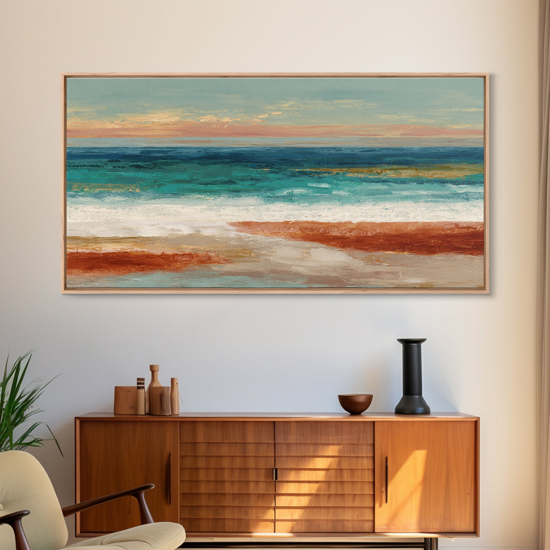 Tropical Lagoon with Turquoise Water Framed Canvas Print, Tropical Art, Bird Art, Living Room Decor, Watercolor Art, Tropic, TRO-2x1-51